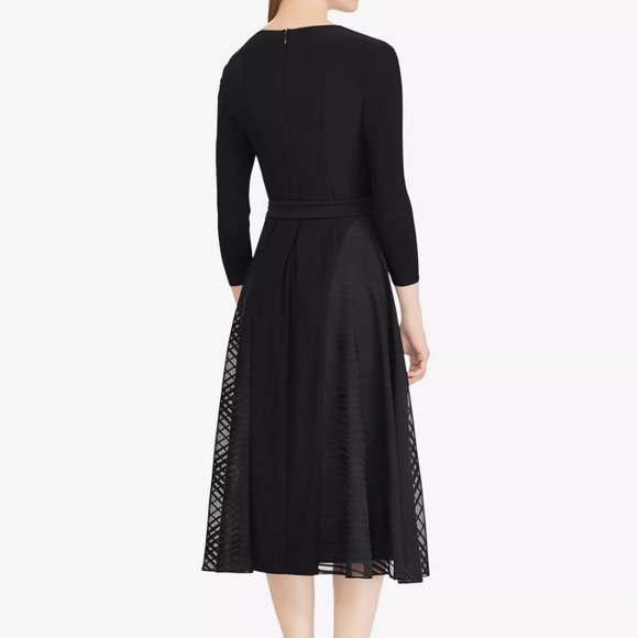 LAUREN RALPH LAUREN Satin-Trim Midi Fit & Flare Dress in Black - Picture 2 of 8